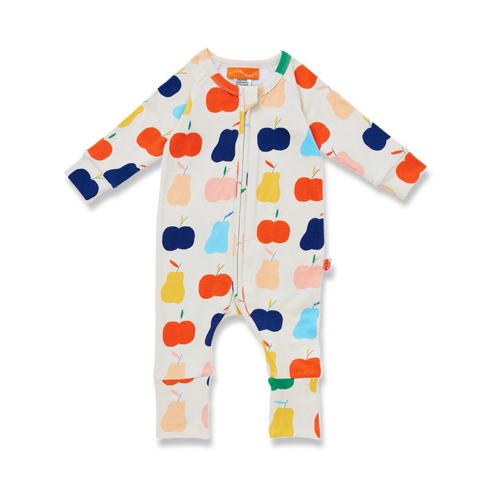 Colorful baby onesie with fruit pattern on a white background