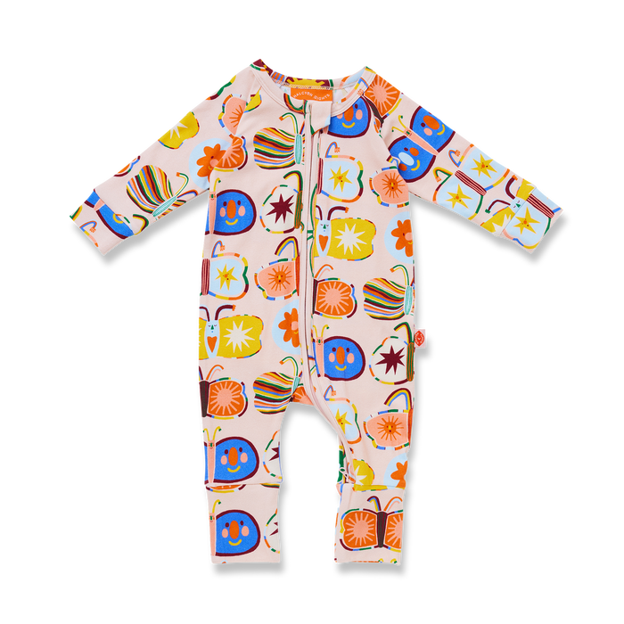 Colorful baby onesie with butterfly patterns on a white background