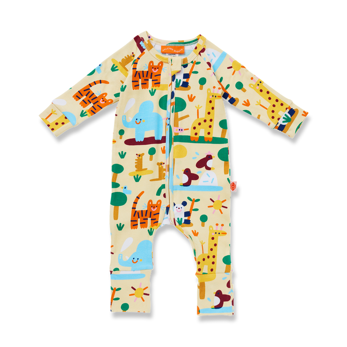 Colorful baby onesie with animal patterns on a white background