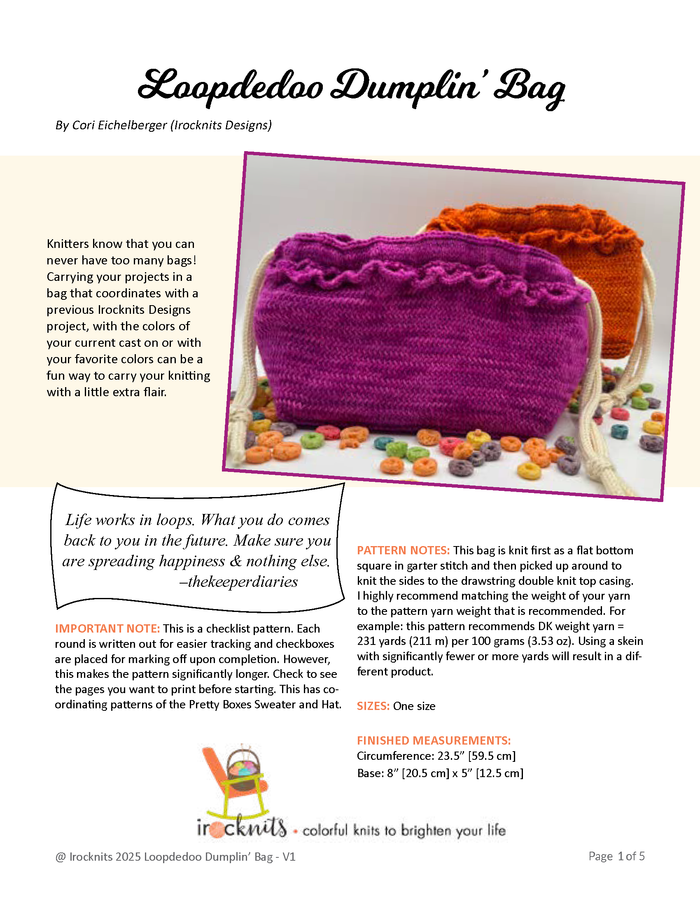 Pattern page from Loopdedoo Dumplin Bag showing title, pattern description, photos of finished bags in multiple colors, and knitting instructions by Cori Eichelberger