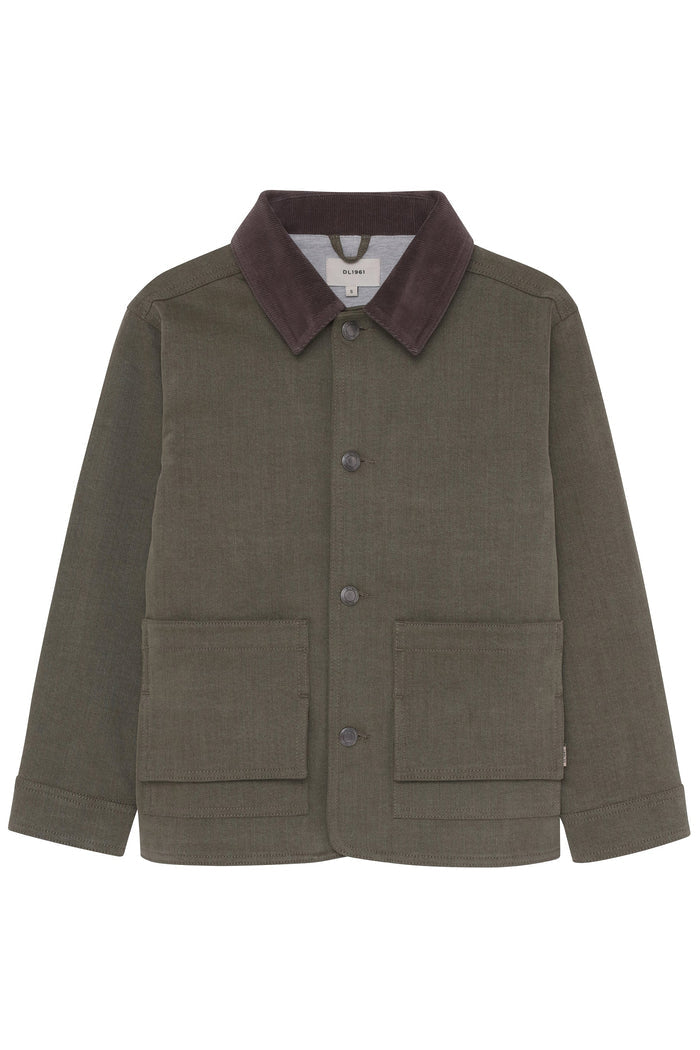 Green jacket with a brown collar on a white background