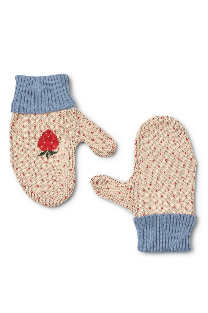A pair of knit mittens featuring a light beige body with tiny red polka dots and a red strawberry and blue cuffs.