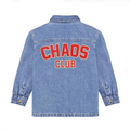 A light blue denim jacket shown from the back, featuring the words 'CHAOS CLUB' embroidered in red with a white outline across the upper back.