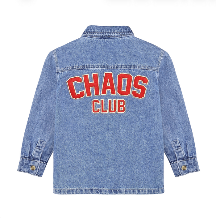 A light blue denim jacket shown from the back, featuring the words 'CHAOS CLUB' embroidered in red with a white outline across the upper back.