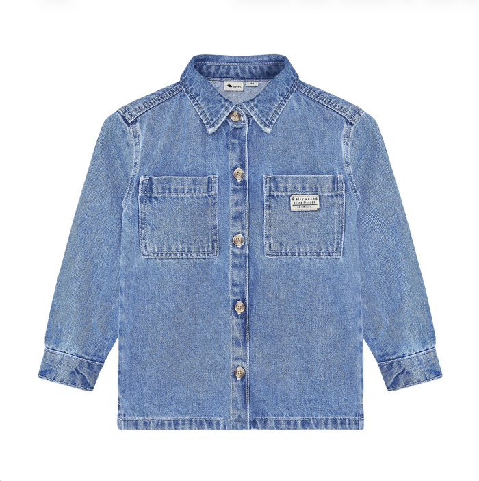 A light blue denim long-sleeve button-up shirt with two chest pockets, photographed flat against a white background.