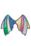 A pair of costume wings with a multicolor iridescent design, featuring vertical panels in green, blue glitter, pink, yellow, and silver, outlined in purple, shown on a plain white background.
