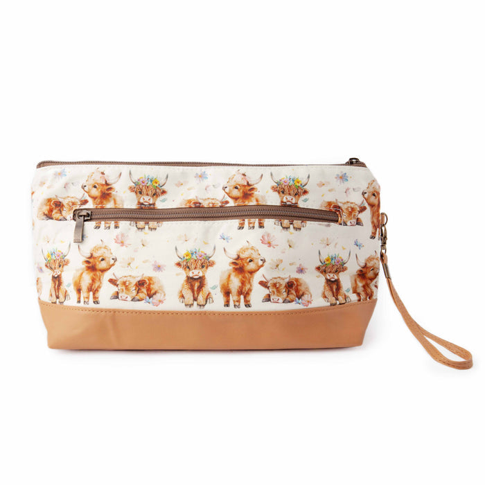 Maisy Highland Cow Trinity Bag medium zippered project bag showing highland cow floral fabric with brown leather accents front view
