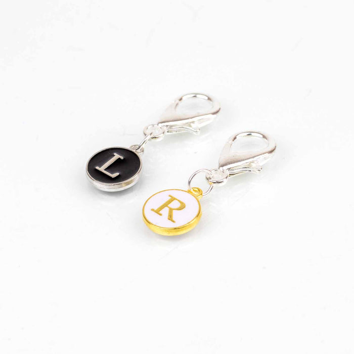 Make 1 Left and Make 1 Right reminder clip markers with L and R letter charms on lobster claw clasps