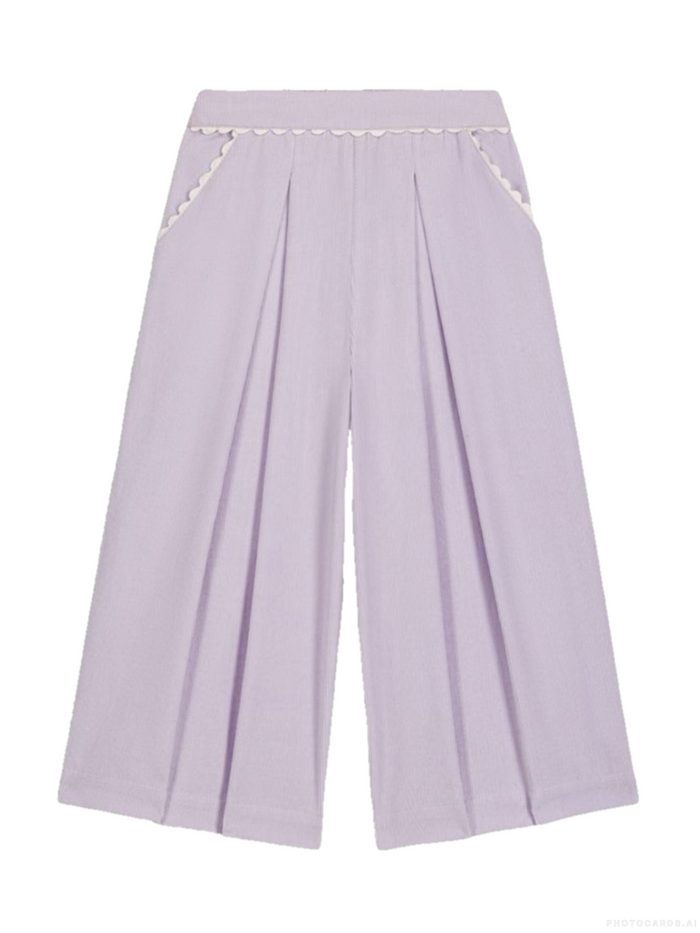 Light purple wide-leg cropped pants with pleated front panels and decorative white trim along the waistband and pocket edges, shown flat against a white background.