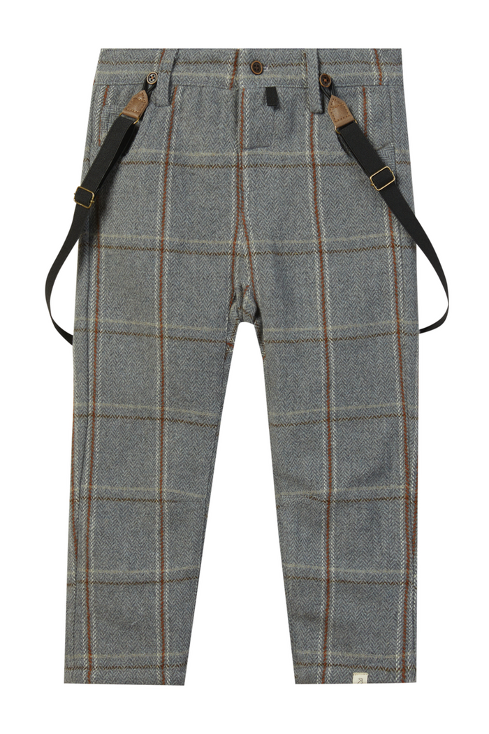 Grey and tan tweed pants with suspenders