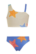 Two-piece swimsuit with starfish design on a white background