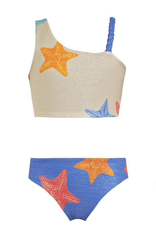 Two-piece swimsuit with starfish design on a white background