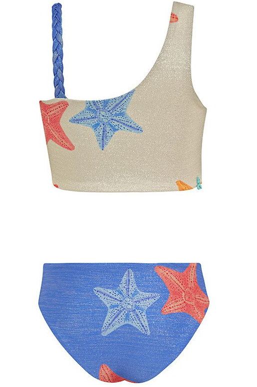 Beige bikini top with starfish patterns and blue bikini bottom on a white background
