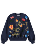 Navy blue sweater with colorful floral embroidery on a white background