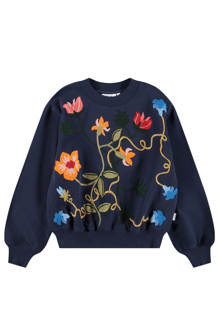 Navy blue sweater with colorful floral embroidery on a white background