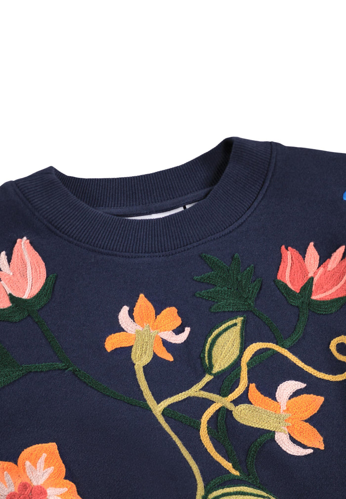 Navy blue sweater with floral embroidery on a white background