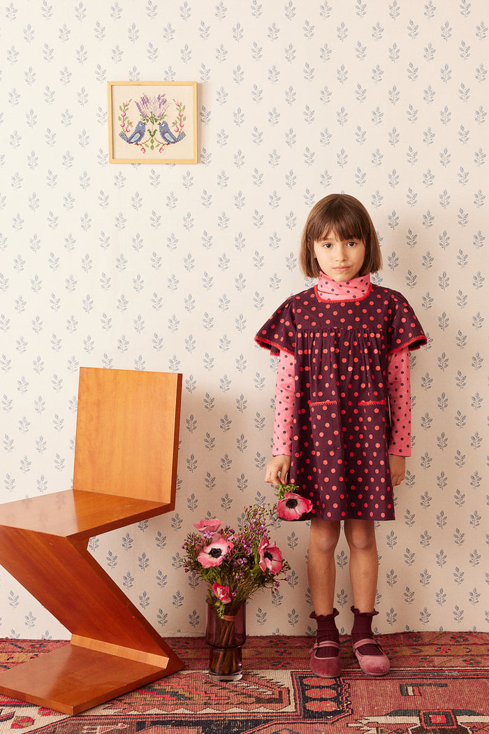 A young girl stands in a room with patterned wallpaper, holding a small pink flower. She is wearing a dark red dress with pink polka dots over a pink long-sleeve top.