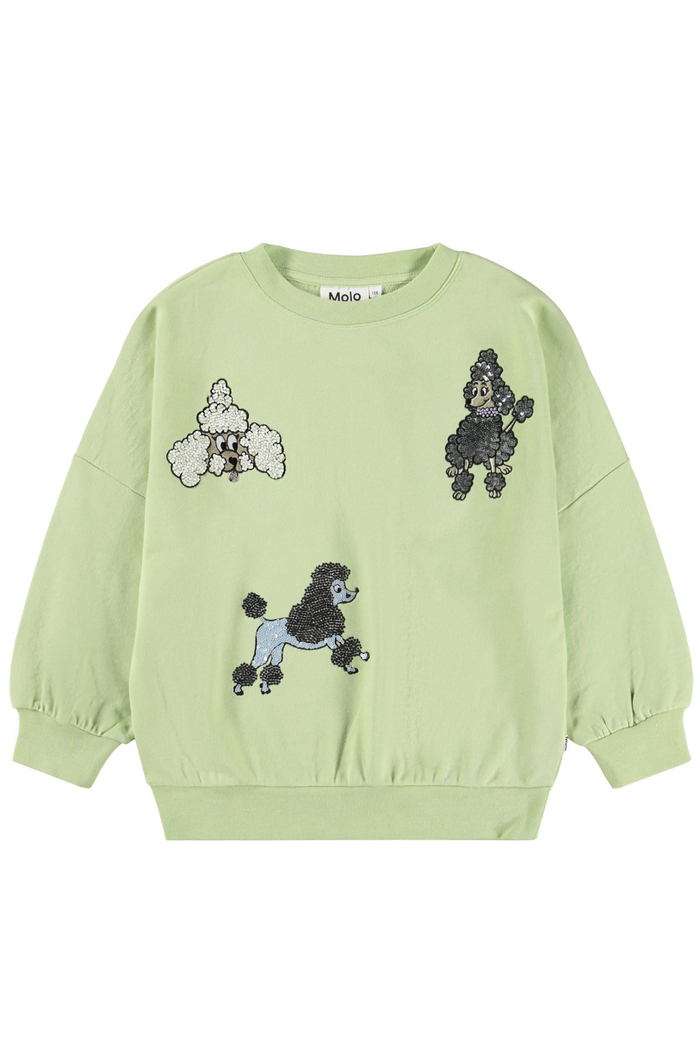 Light green sweatshirt with poodle designs on a white background