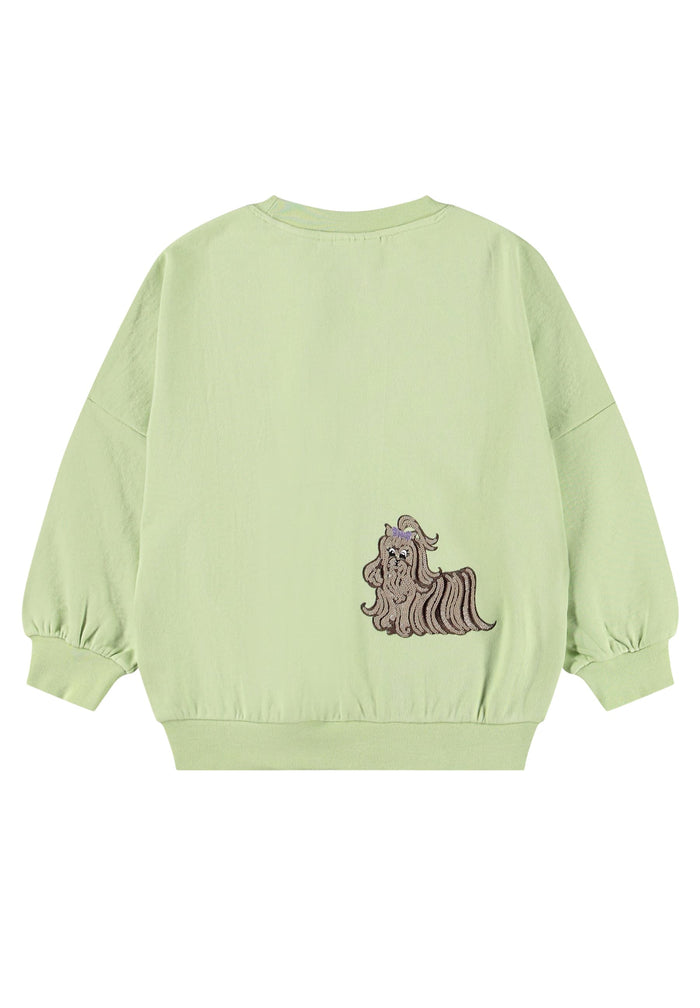 Light green sweatshirt with a dog embroidered sequin design on the back against a white background