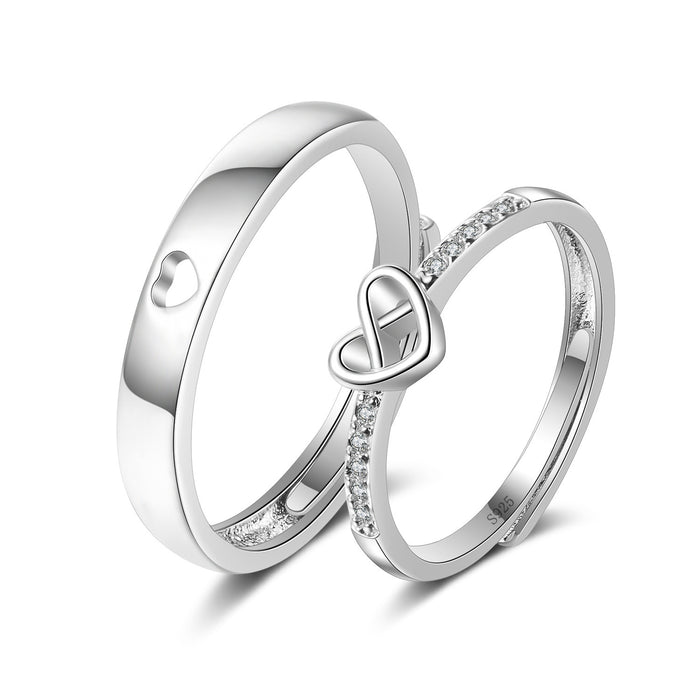 Matching Heart Couple Rings | Adjustable Platinum Tone Set