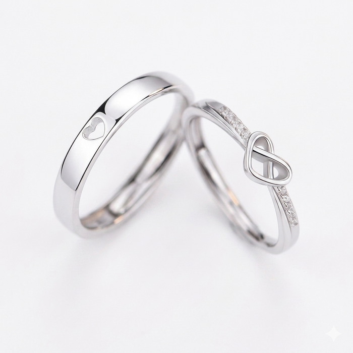 A high-quality product photo of a matching set of sterling silver rings on a plain white background. The ring on the left has a clean, polished band with a single heart cut-out. The ring on the right is more detailed, featuring a band set with small cubic zirconia stones and an intertwined heart and infinity loop motif at the top. The rings are posed close together in a diagonal composition.