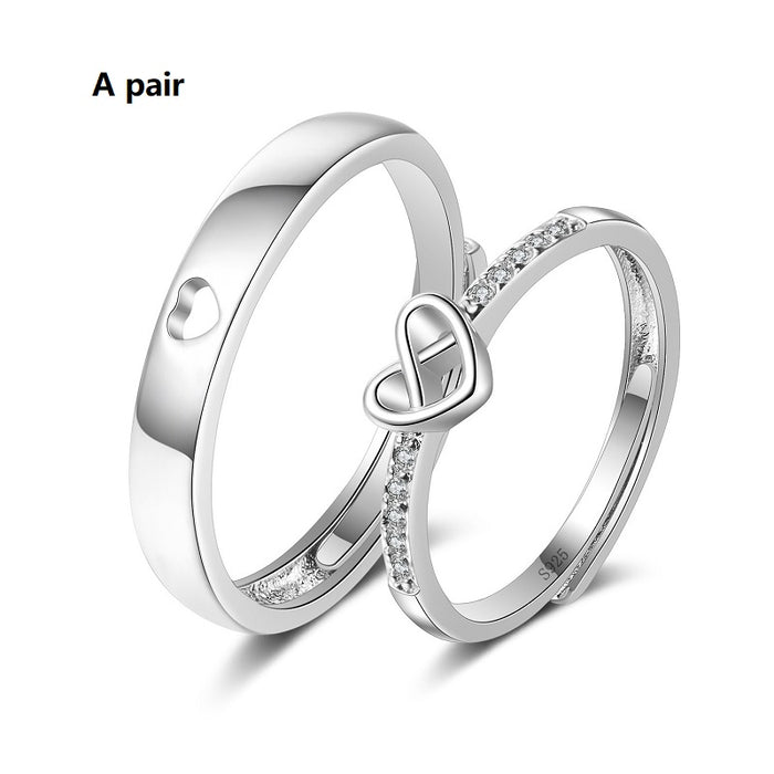 Matching Heart Couple Rings | Adjustable Platinum Tone Set