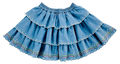 A blue denim tiered skirt with white embroidered details and rainbow patterns near the hem, shown against a plain white background.