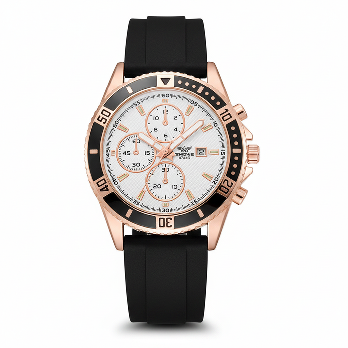 Luxury rose gold chronograph watch with white textured dial and black silicone strap