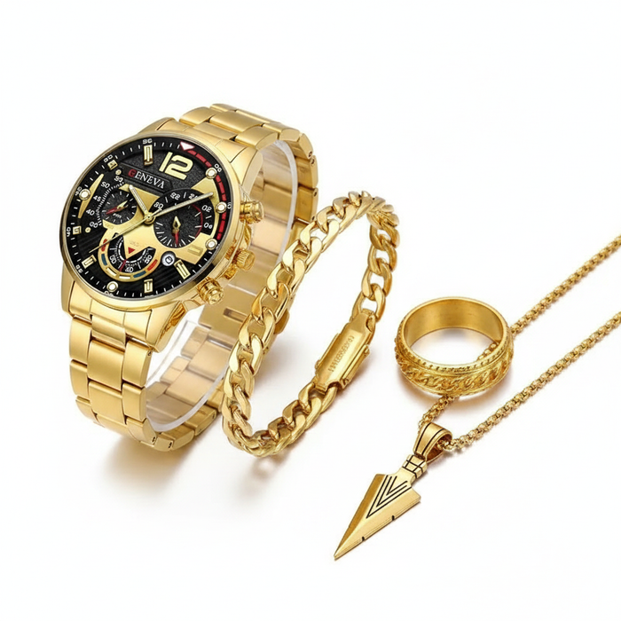A bold men's accessory collection featuring a gold-toned sports chronograph, a chunky Cuban link bracelet, a textured signet ring, and a modern geometric spearhead pendant for a high-impact editorial statement.