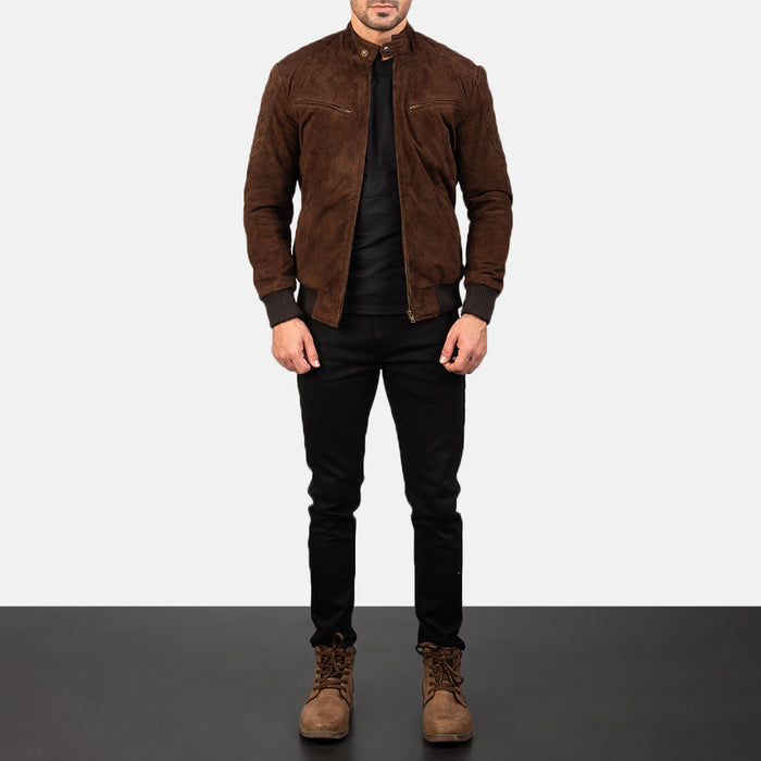 Mens Chocolate Brown Suede Sheepskin Genuine Leather Biker jacket
