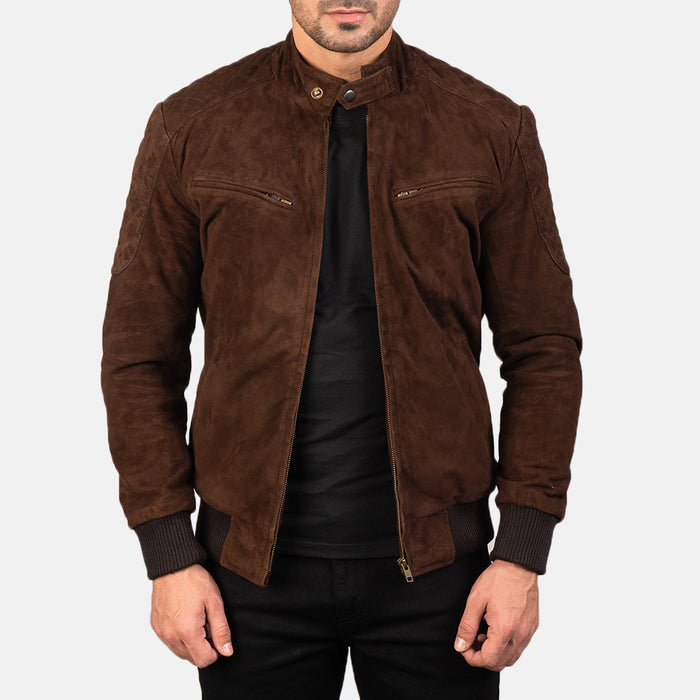 Mens Chocolate Brown Suede Sheepskin Genuine Leather Biker jacket