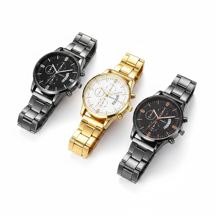 A professional collection of three chronograph watches in polished gunmetal and gold-toned stainless steel, featuring detailed multi-dial faces and date displays for a sophisticated business aesthetic.