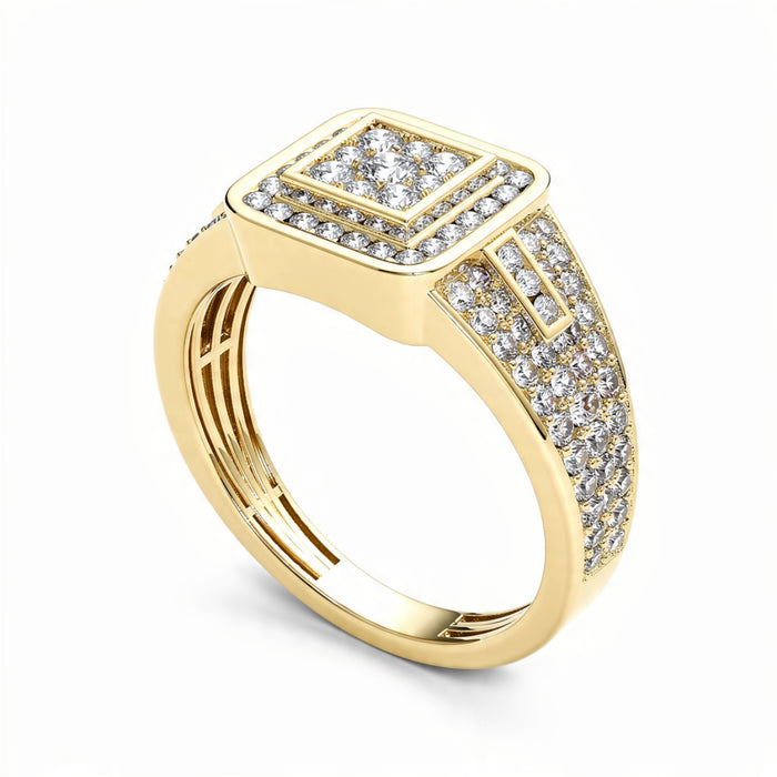 Men’s gold square signet ring on white background with diamond cluster center, pave border, and side diamond accents on wide band