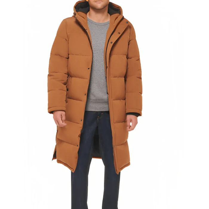 Men's Tan Long Trench Puffer Coat