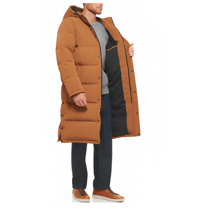 Men's Tan Long Trench Puffer Coat