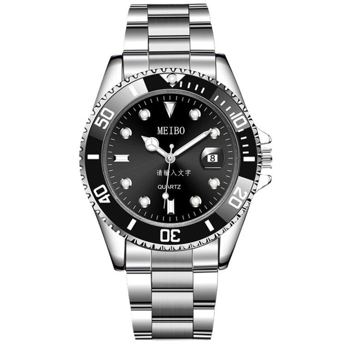 Classic men's silver stainless steel watch with a black diver-style bezel and luminous hour markers