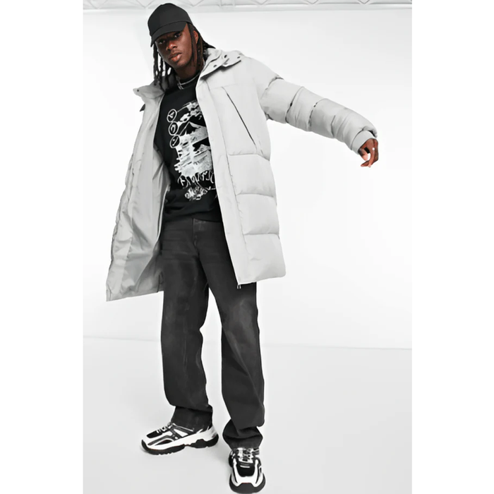 Men's White Long Puffer Coat with Detachable Hood