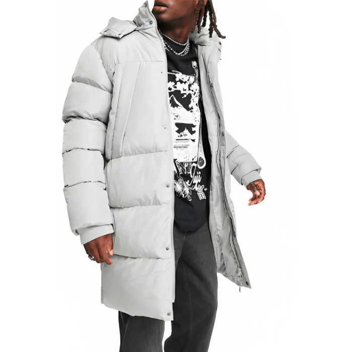 Men's White Long Puffer Coat with Detachable Hood