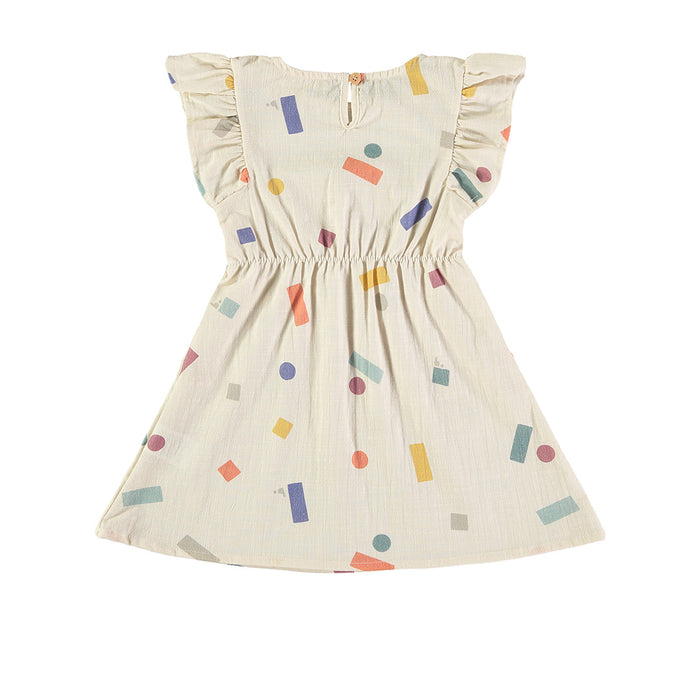 Beige dress with colorful geometric pattern on a white background