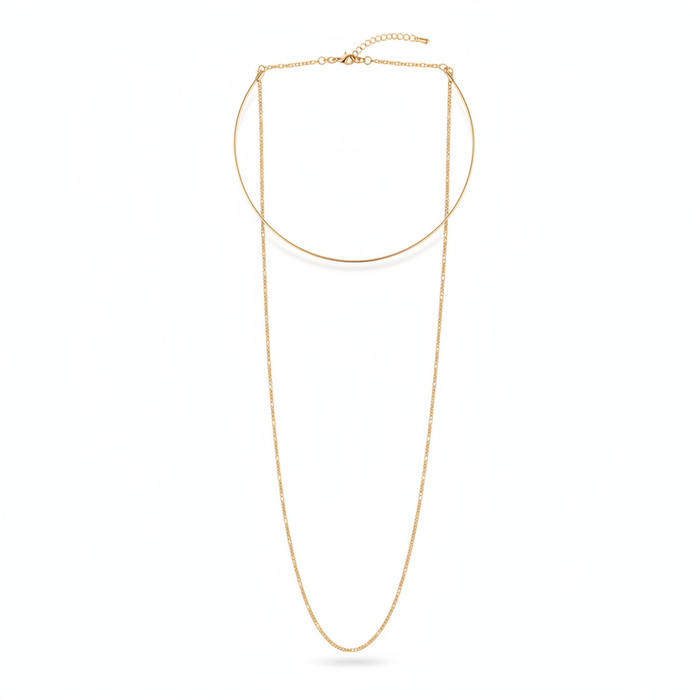 A structural and versatile 18k gold-dipped Y-necklace featuring a sleek choker-style collar and a long, delicate drop chain, crafted from tarnish-resistant titanium steel for a modern luxury aesthetic.