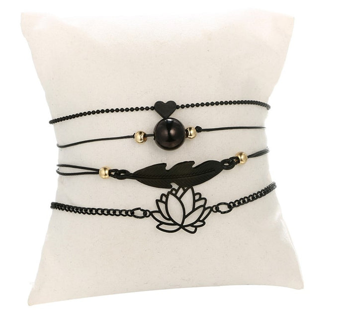 Midnight Zen Matte Black Bracelet Set | Bohemian Lotus & Feather Charms 4-Piece Stack
