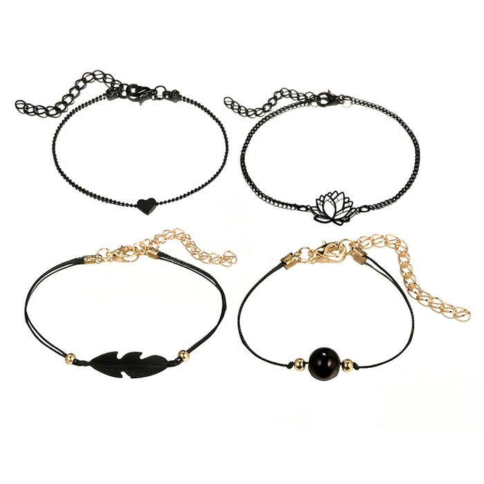 Midnight Zen Matte Black Bracelet Set | Bohemian Lotus & Feather Charms 4-Piece Stack