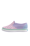 Pink and purple shoe with a white sole on a white background