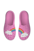 Pink sneakers with cloud and rainbow designs