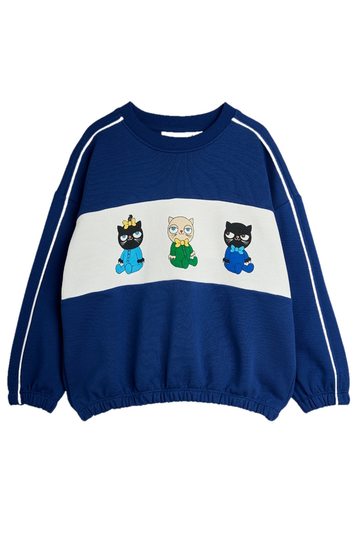 Blue sweater with cartoon character design on a white background