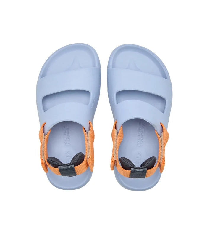 Pair of light blue sandals with orange straps on a white background
