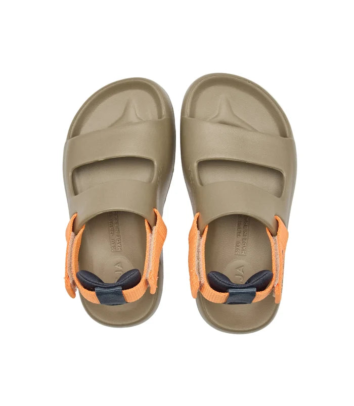 A pair of children's sandals in olive green with bright orange ankle straps and dark navy pull tabs, shown from a top-down view on a white background.