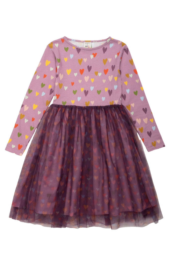 A long-sleeve girls' dress with a dusty purple top featuring a small multicolor heart pattern, and a darker purple tulle skirt with a subtle heart print.