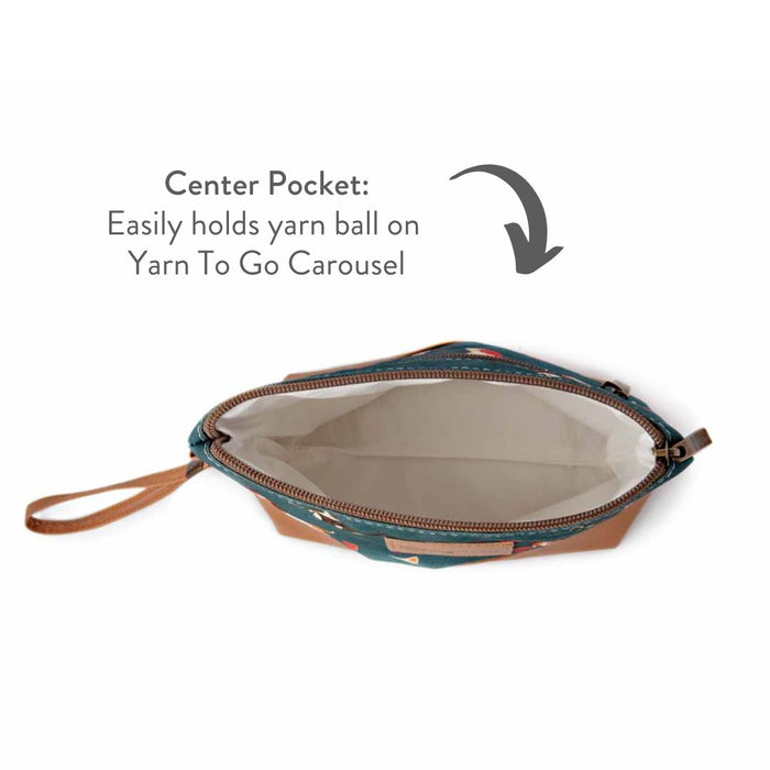 Cats and Dogs Mini Trini Bag interior view from above showing the cream cotton lining center pocket with annotated text about holding a yarn ball on Yarn To Go Carousel