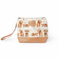 Maisy the Highland Cow Mini Trini Bag small zippered sock project bag with cream fabric featuring watercolor baby highland cow illustrations wearing flower crowns, tan vegan leather bottom, and wrist strap